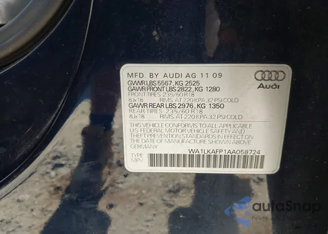 2010 Audi Q5 3.2 Premium из США, поврежденный, VIN WA1LKAFP1AA058724